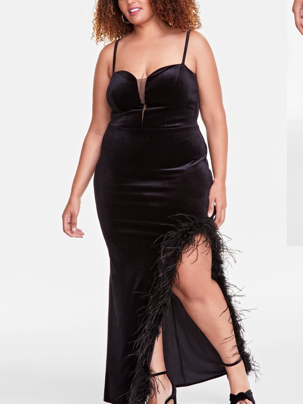 B Darlin Black Velvet Maxi Dress with Feather Trim